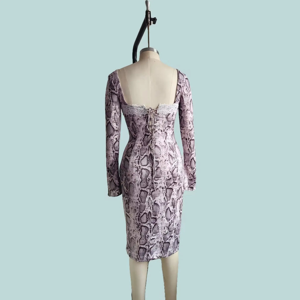 Grey slim fit lace dress with long sleeves, A-line skirt, and 3D digital print pattern.