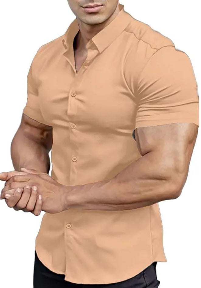 Men's short sleeve printed casual shirt in polyester, shown in multiple colour options.