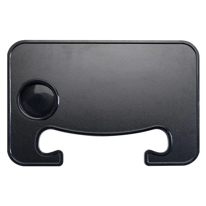 Foldable black ABS plastic car steering wheel tray with a large flat surface, shown unfolded on a steering wheel.