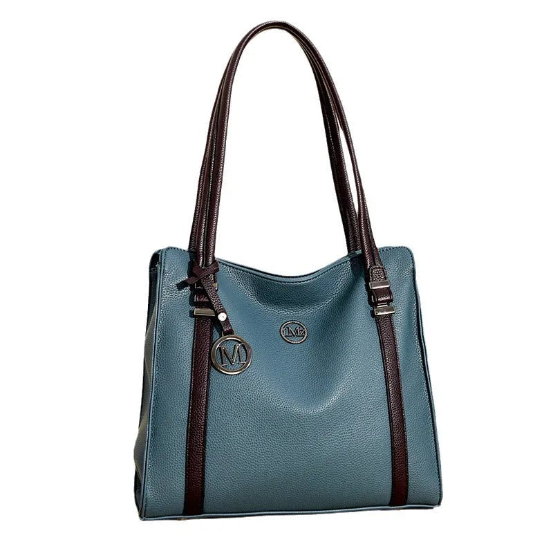 Genuine leather women's large capacity bag in horizontal square shape with double shoulder straps