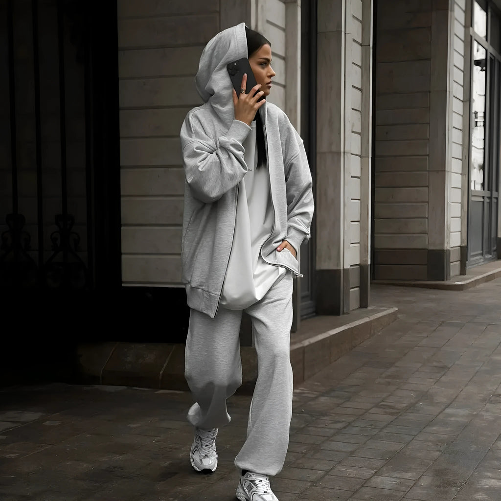 Red loose street style long-sleeved coat and trousers two-piece set on a model