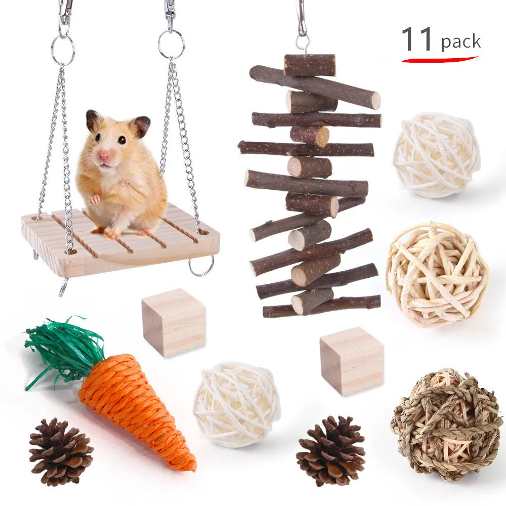 Wooden pet chewing toys bundle for rabbits guinea pigs and parrots with natural wood materials