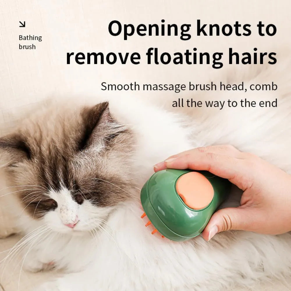 Green and white cat steam brush with water spray function and silicone massage teeth