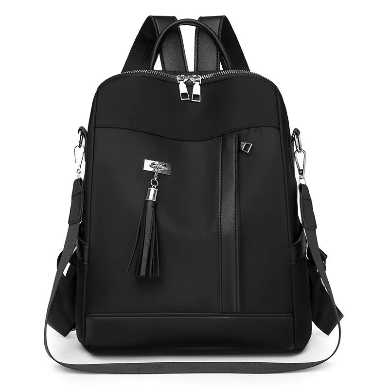 Large capacity soft PU commute backpack in black with three-dimensional pockets and internal mobile phone compartment