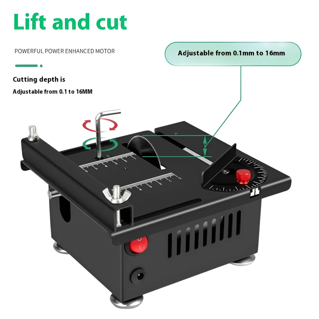 Lithium-ion micro desktop saw handheld tool with metal construction and accessories