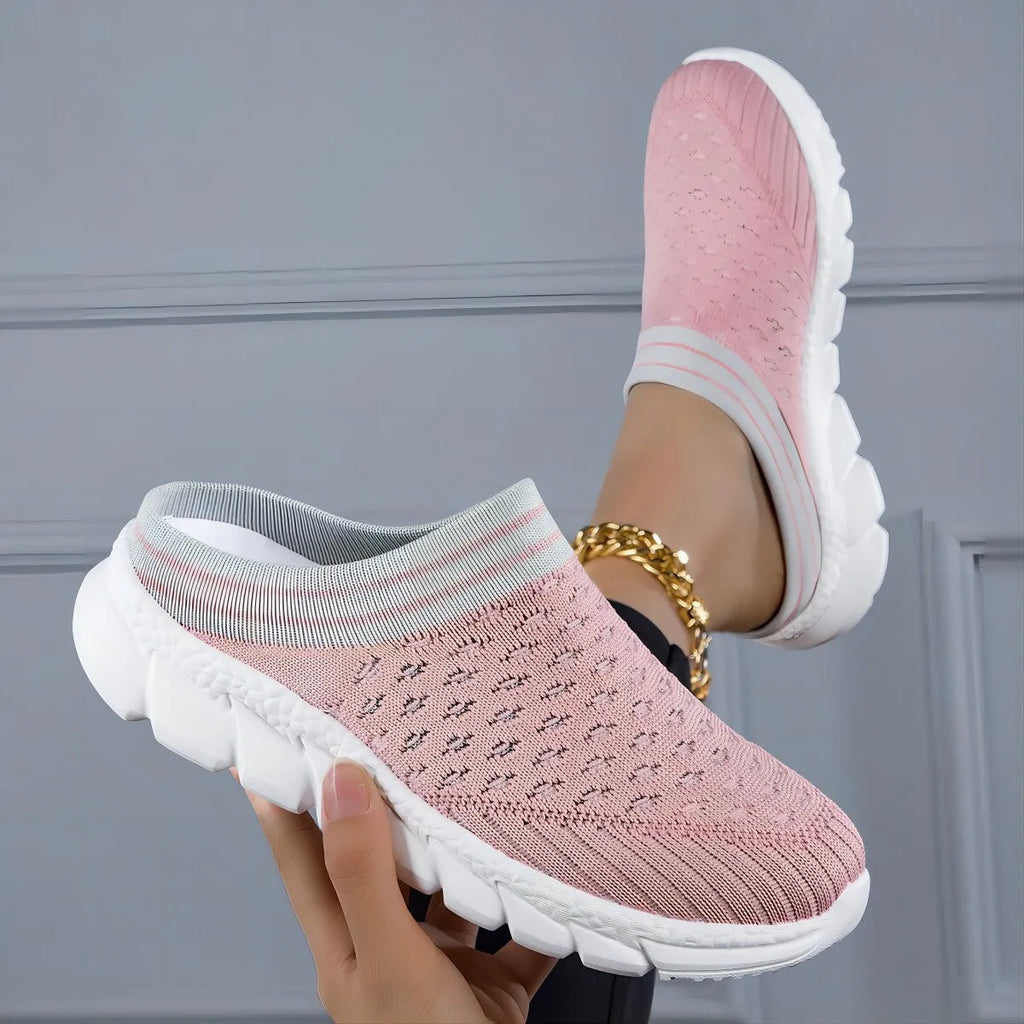 Women's black striped Flyknit socks semi slipper shoes with hollowed-out design and viscose sole.