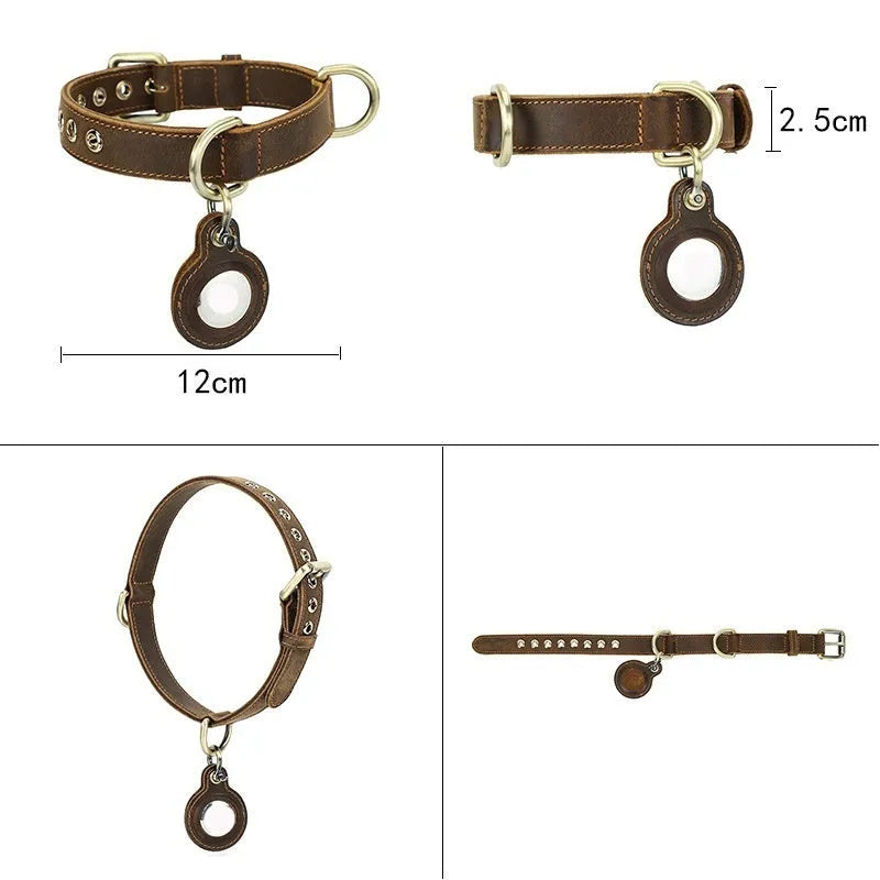Handmade retro double-sided cowhide genuine leather dog collar in brown with anti-lost feature