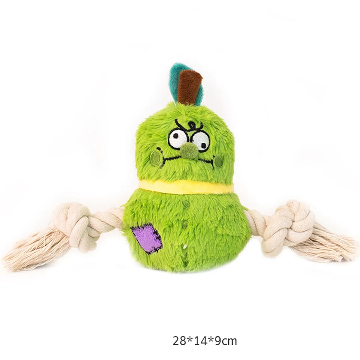 Green and purple interactive dog toy with plush rope knot design and molar tooth texture for tug-of-war games