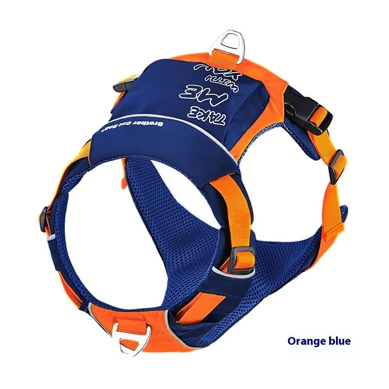 Orange and blue nylon dog chest strap vest harness shown on a model.