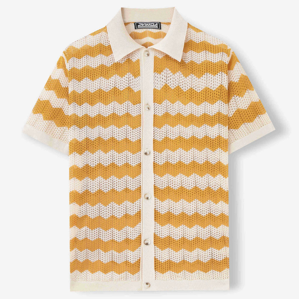 Short sleeve yellow sweater with corrugated jacquard texture and flocking detail on Tencel viscose fabric
