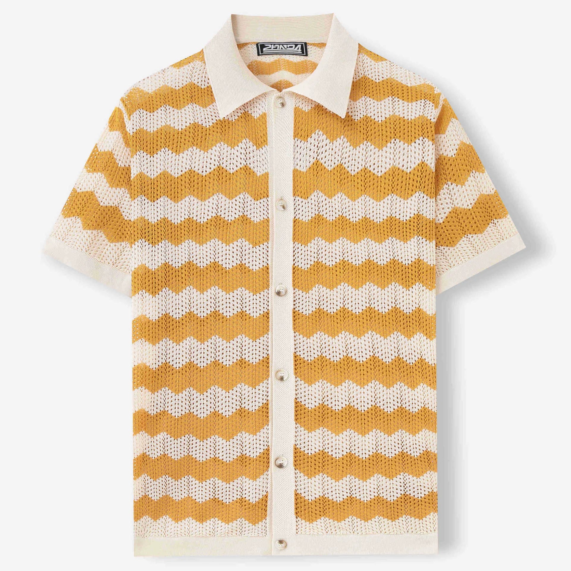 Short sleeve yellow sweater with corrugated jacquard texture and flocking detail on Tencel viscose fabric