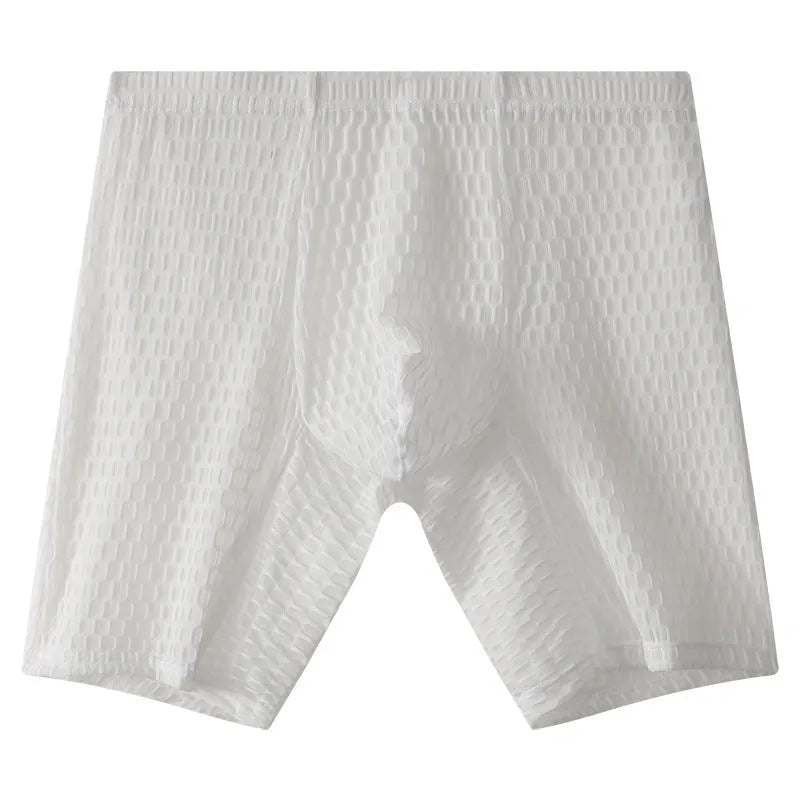 Men's lace boxer shorts in light purple colour showing mid-waist and knitted fabric detail