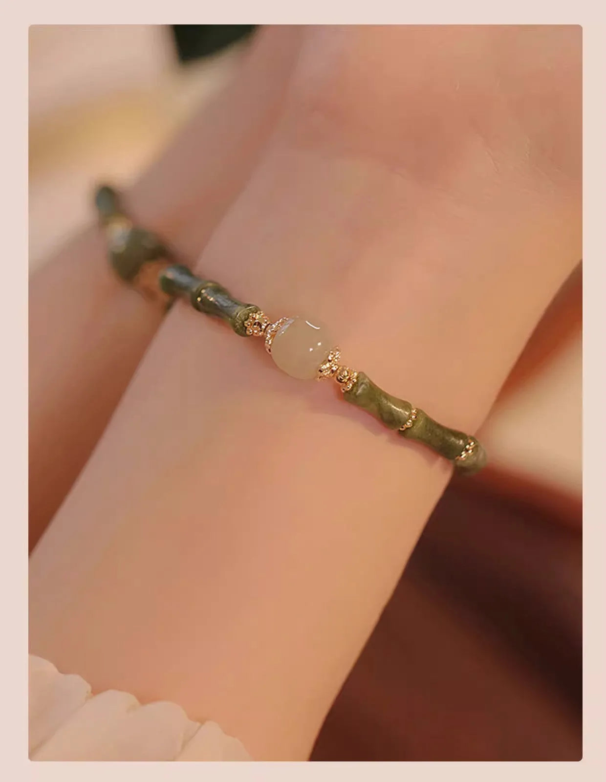 Traditional Hetian jade bamboo festival bracelet with geometric circular design in dark green or light colour options