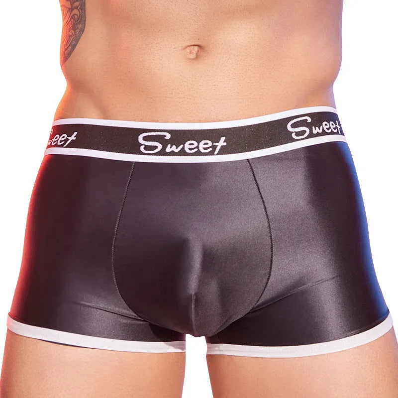 Men's shiny nylon boxers in black, white, and sapphire blue colours