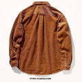 Long sleeve loose corduroy shirt in caramel colour with cardigan style for youth leisure wear.