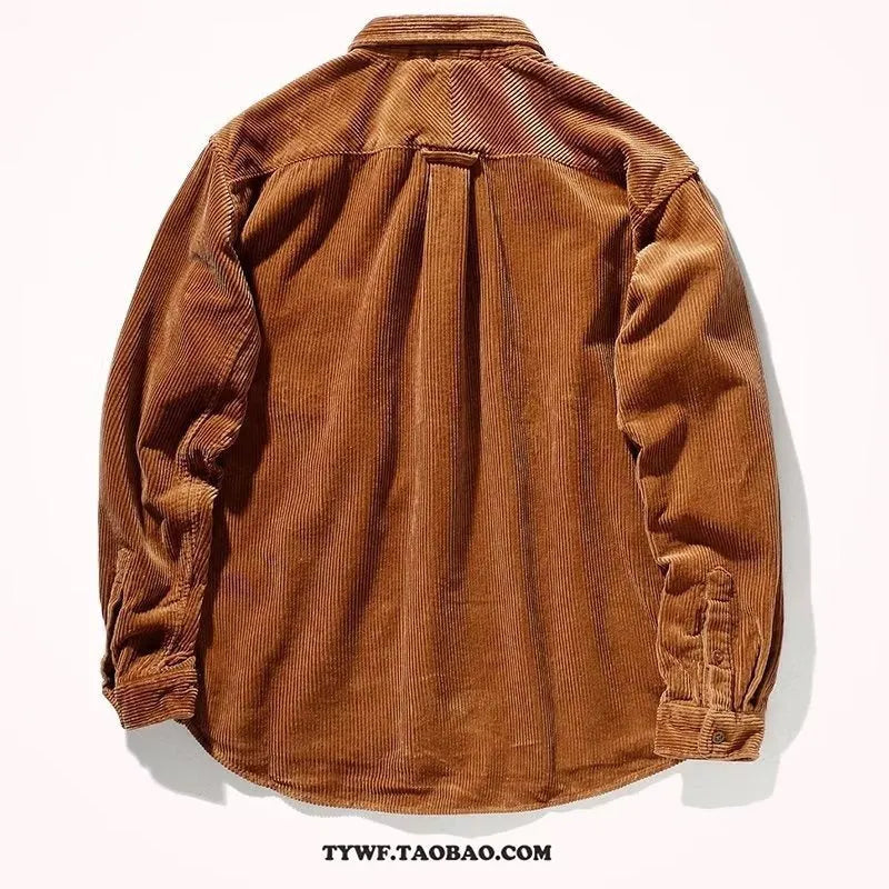 Long sleeve loose corduroy shirt in caramel colour with cardigan style for youth leisure wear.