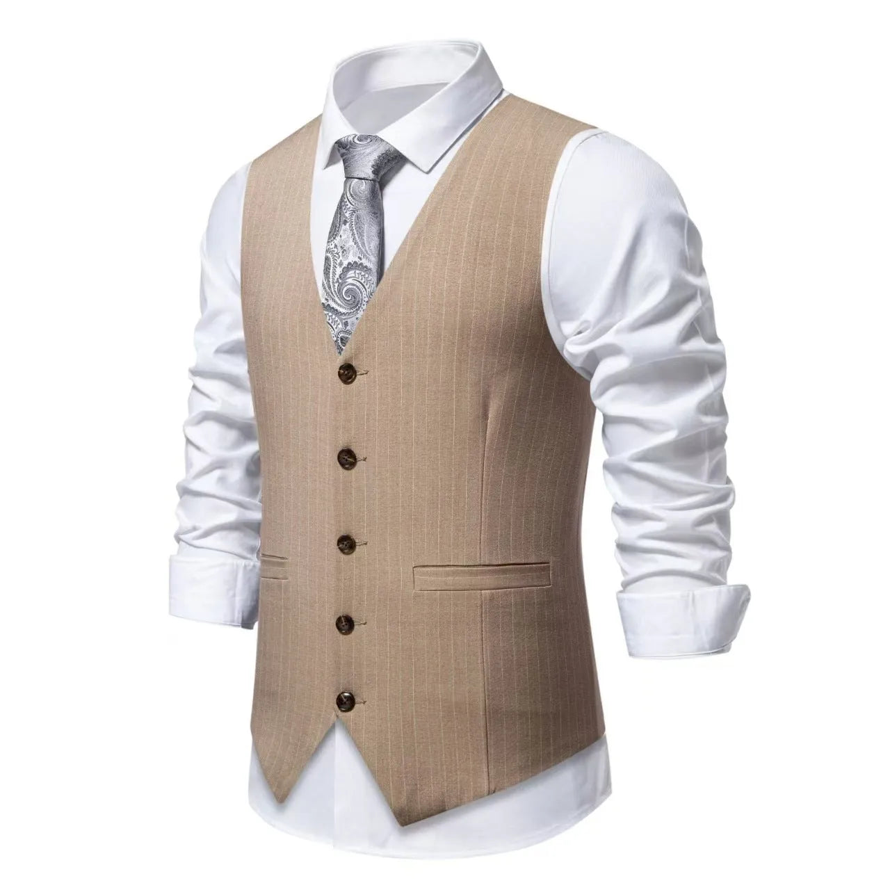 Men's striped suit waistcoat in red, black, or khaki on a hanger, showing miter hem and pocket detail.