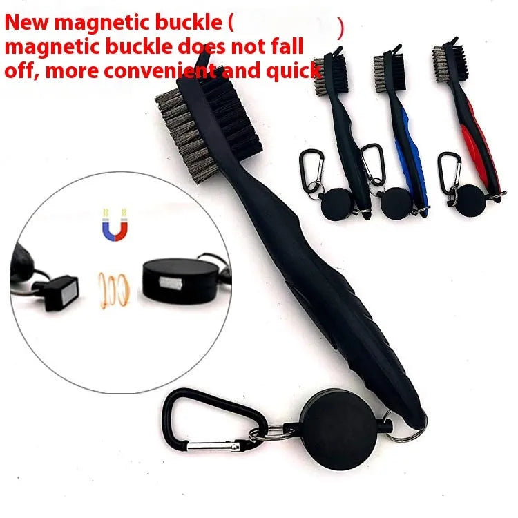 Golf club cleaning brush with magnetic hanging buckle black with cover stainless steel and PP wool bristles
