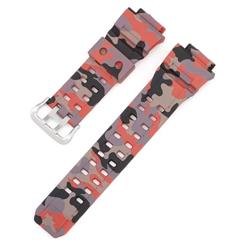 Camouflage patterned TPU resin watch strap with silver buckle on a grey background