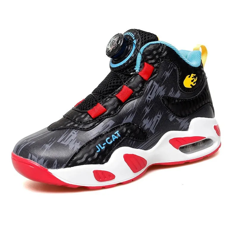 Children's black and colour basketball shoes with a rotating button fastening on the side.