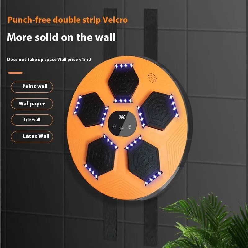 Smart music boxing machine reaction target with LED lights hanging on wall, includes boxing gloves