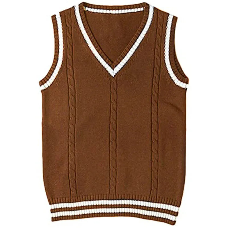 Women's slim fit V-neck acrylic waistcoat sweater with striped stitching in wine red.