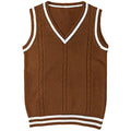 Women's slim fit V-neck acrylic waistcoat sweater with striped stitching in wine red.