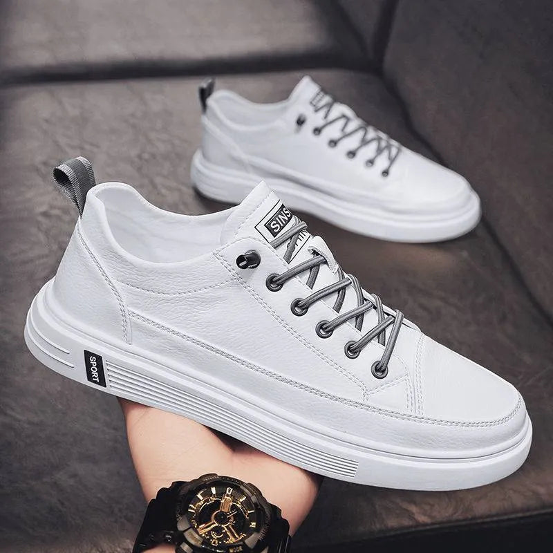 Men's white casual flat shoes with round toe and low heel for summer wear