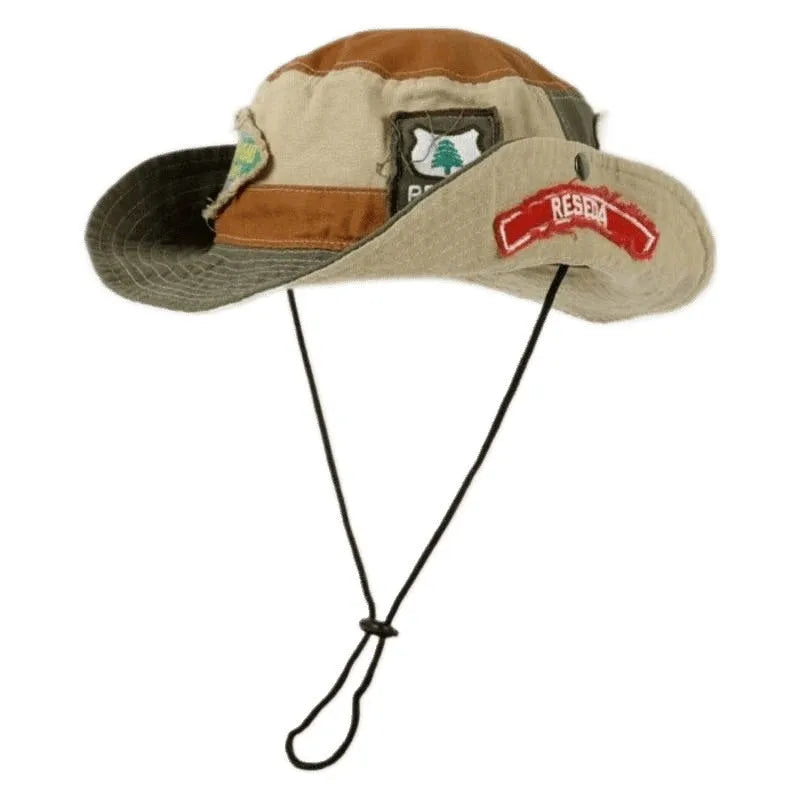 Army green cotton fisherman hat with flat top crown and patchwork detailing
