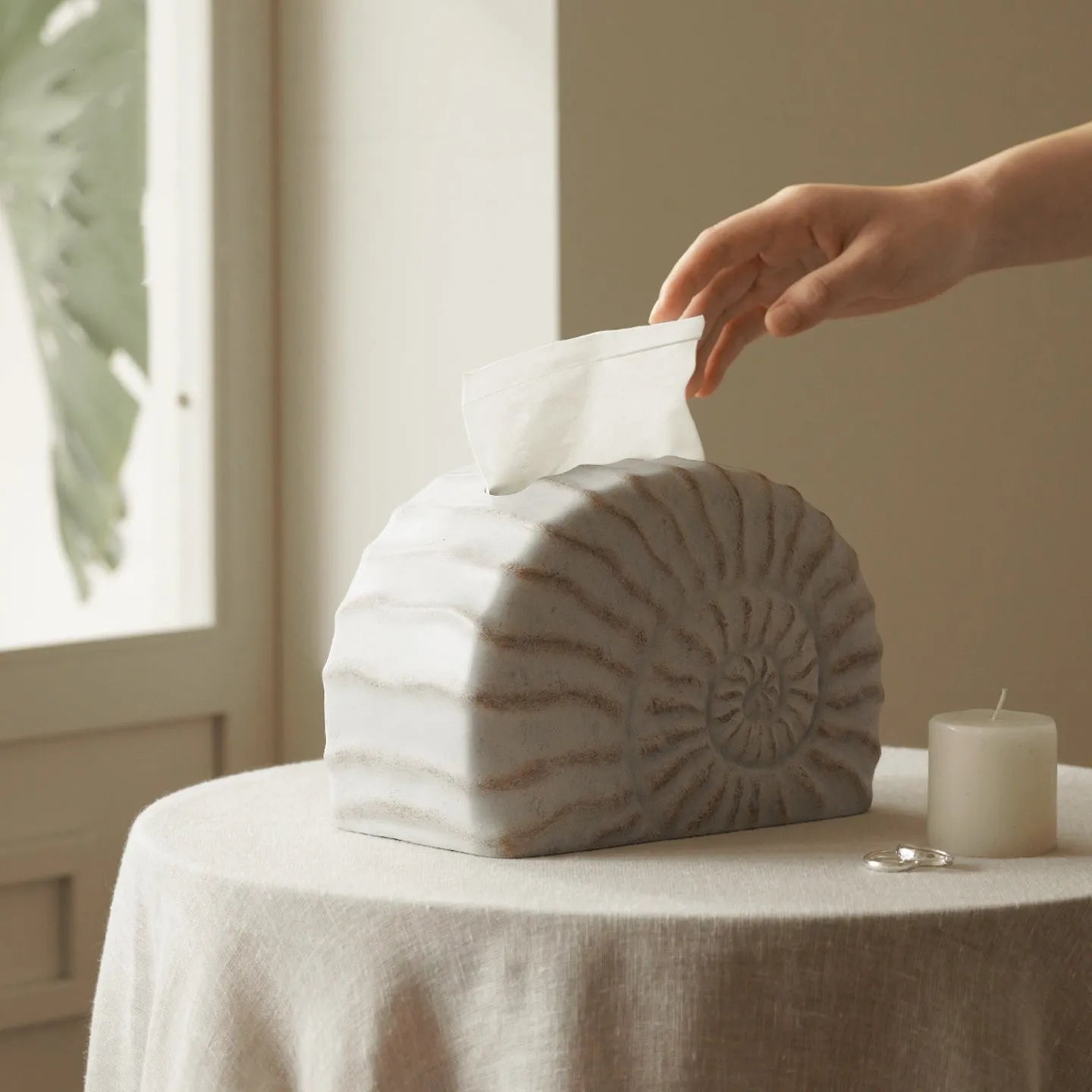 Conch ramble coloured resin decorative tissue box cover with a modern simple design.