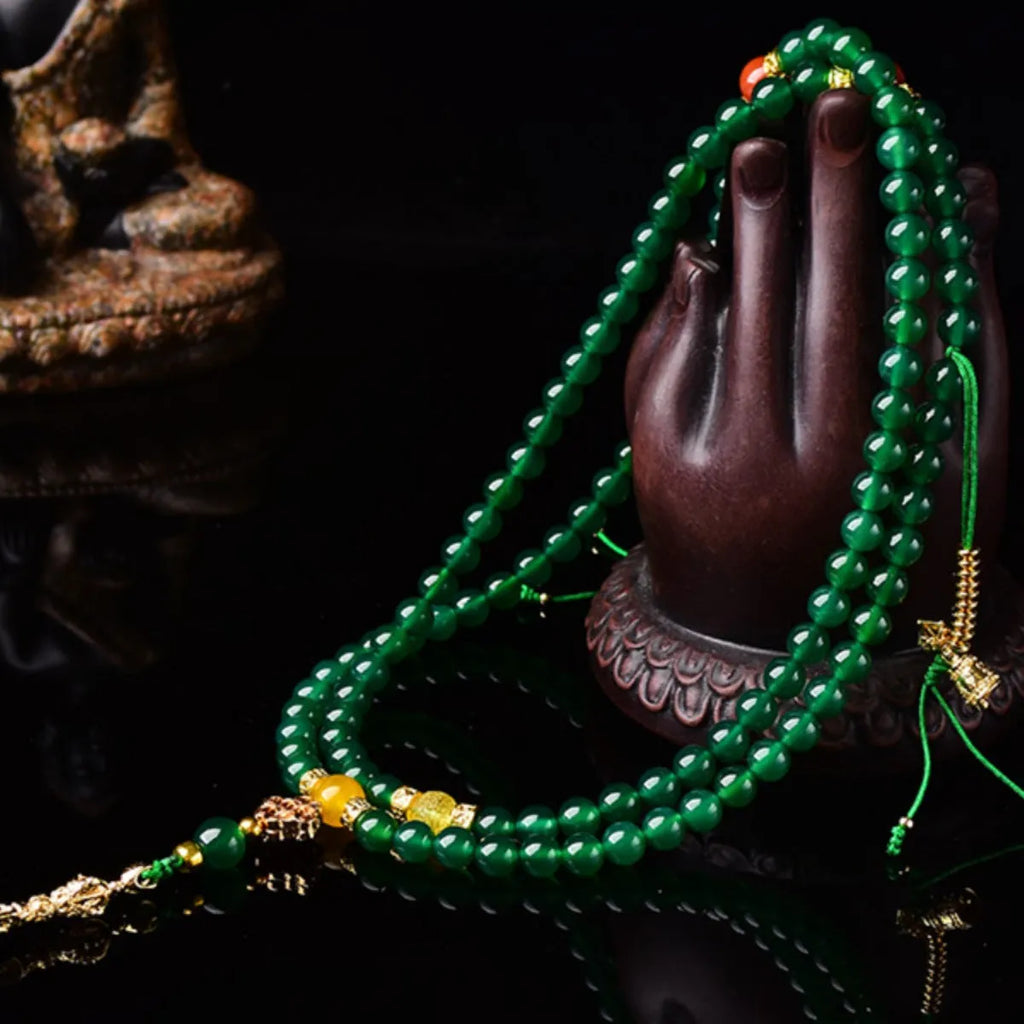 Handcrafted multi-strand bracelet with green Brazilian agate beads in three size options.