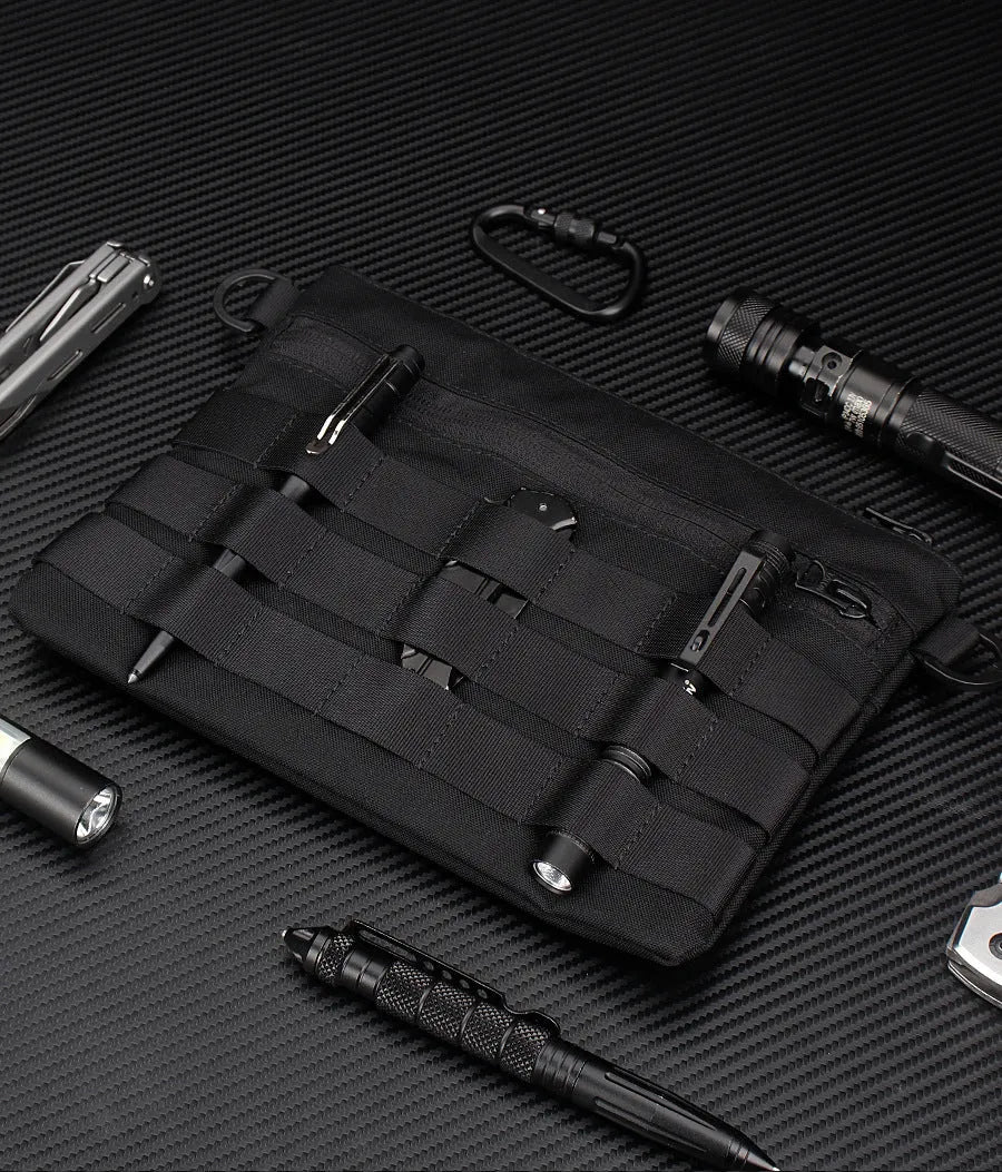 Black Oxford cloth outdoor belt bag with compact 18cm by 3.5cm dimensions for tactical and sports use