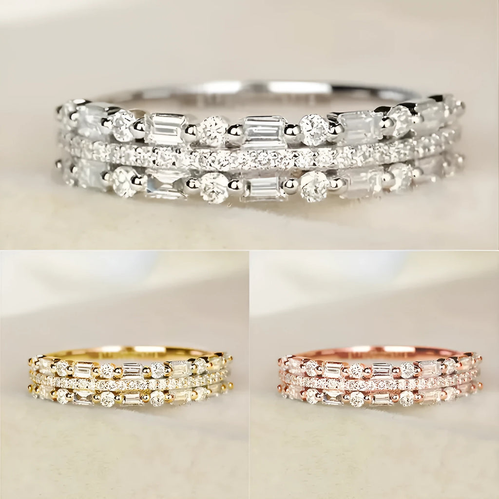 Multilayer copper ring with three-layer fine circle and line setting inlaid zircon for women