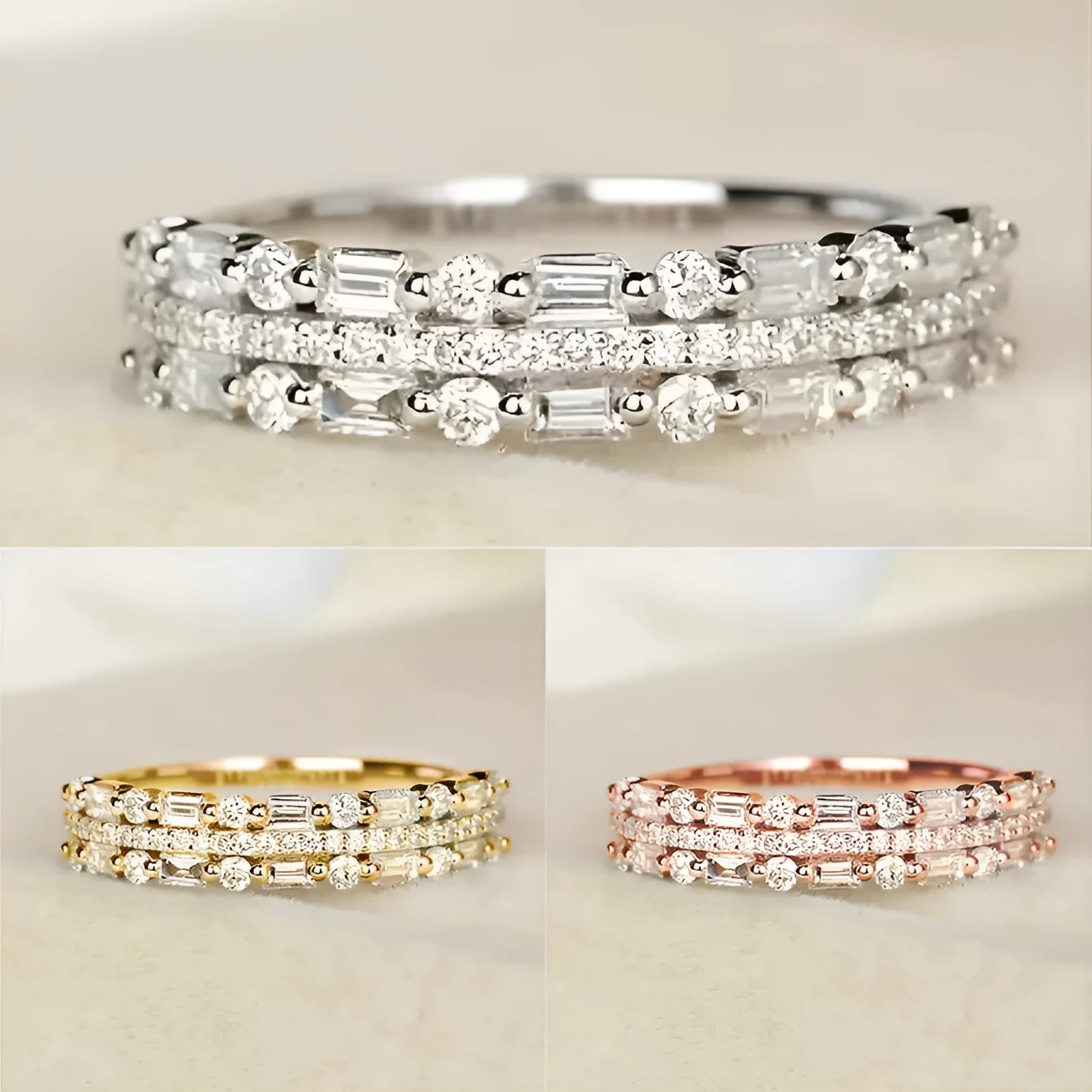 Multilayer copper ring with three-layer fine circle and line setting inlaid zircon for women