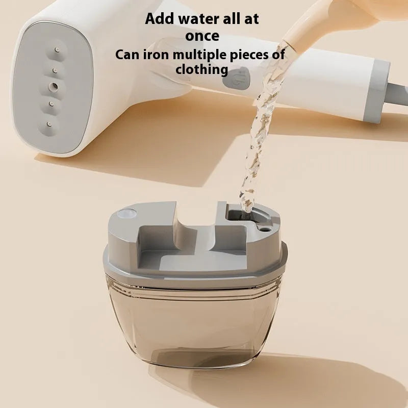 Handheld garment steamer in white or blue with mechanical controls and compact design