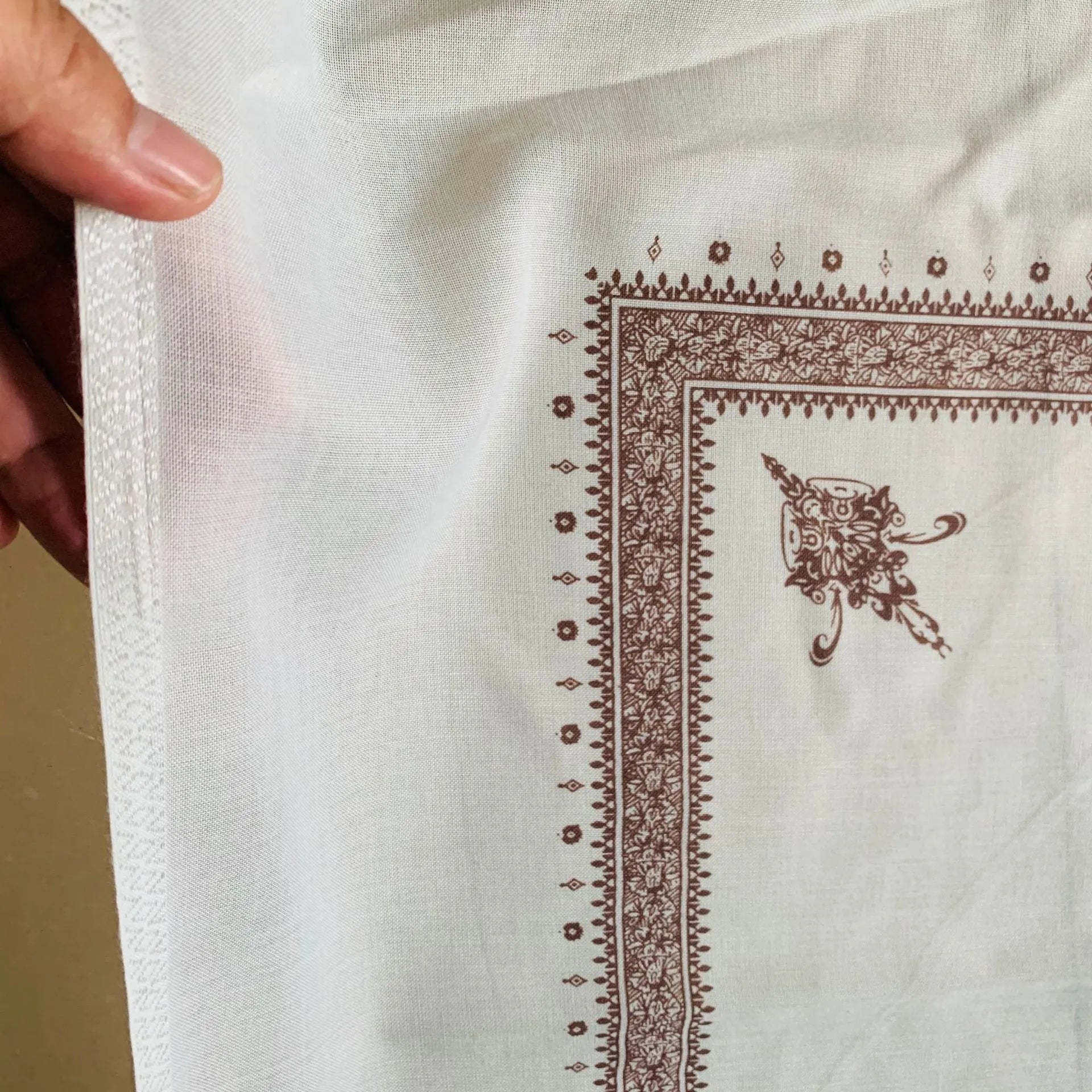 Printed square polyester scarf showing coffee colour option laid flat to display 138cm dimensions