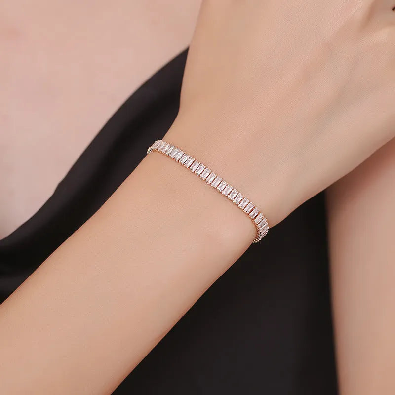 Women's European style quadrilateral geometry full diamond bracelet in champagne gold or silver
