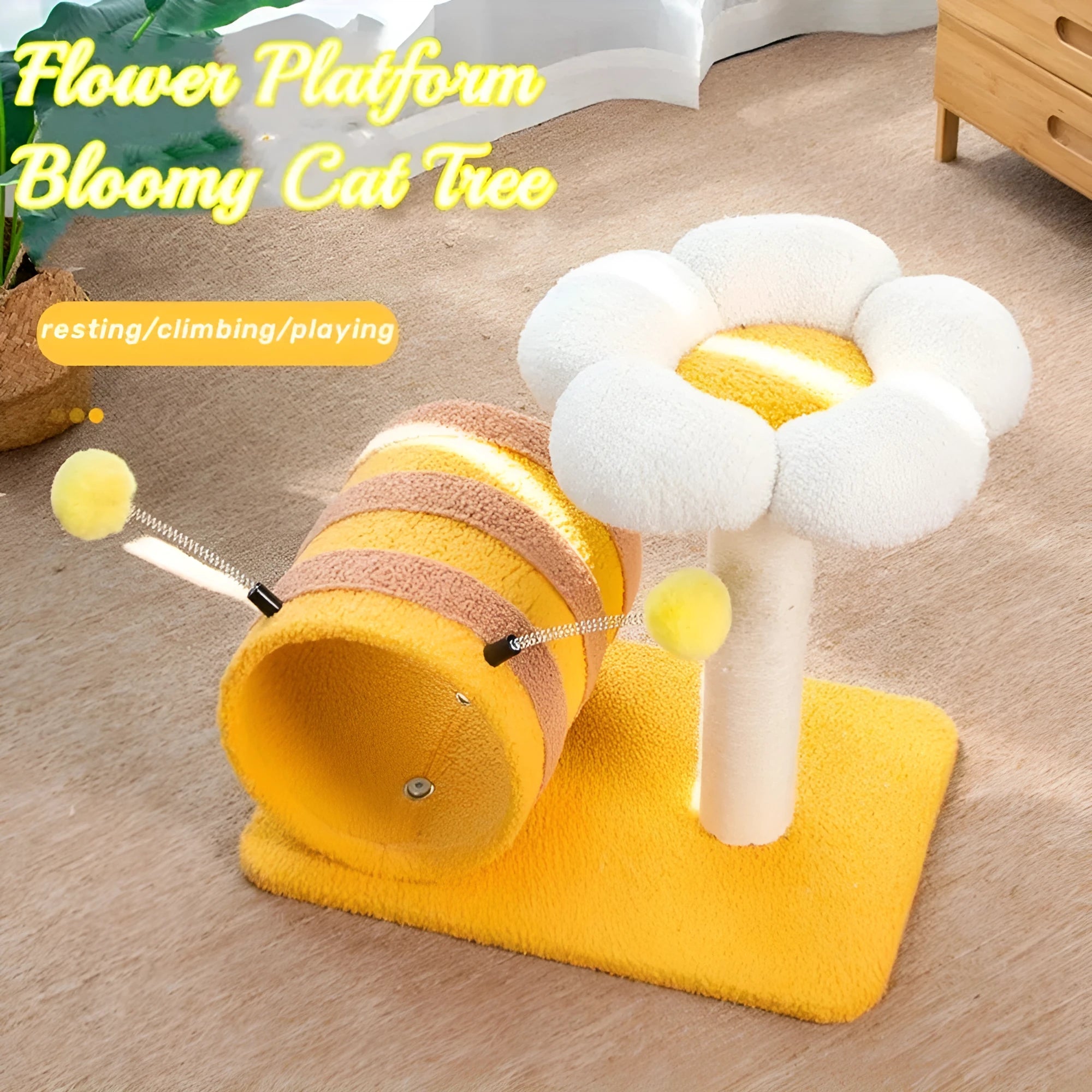 Yellow freestanding cat climbing frame with sisal scratching board and a tunnel