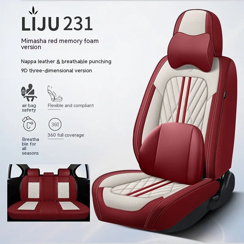 Five-piece leather car seat cushion set in various colour options with hemmed edge detailing