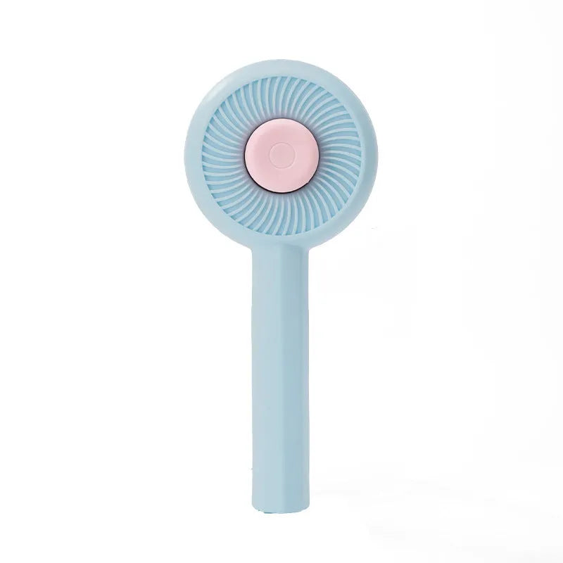 Blue self-cleaning pet grooming brush with metal pins and a button for hair removal