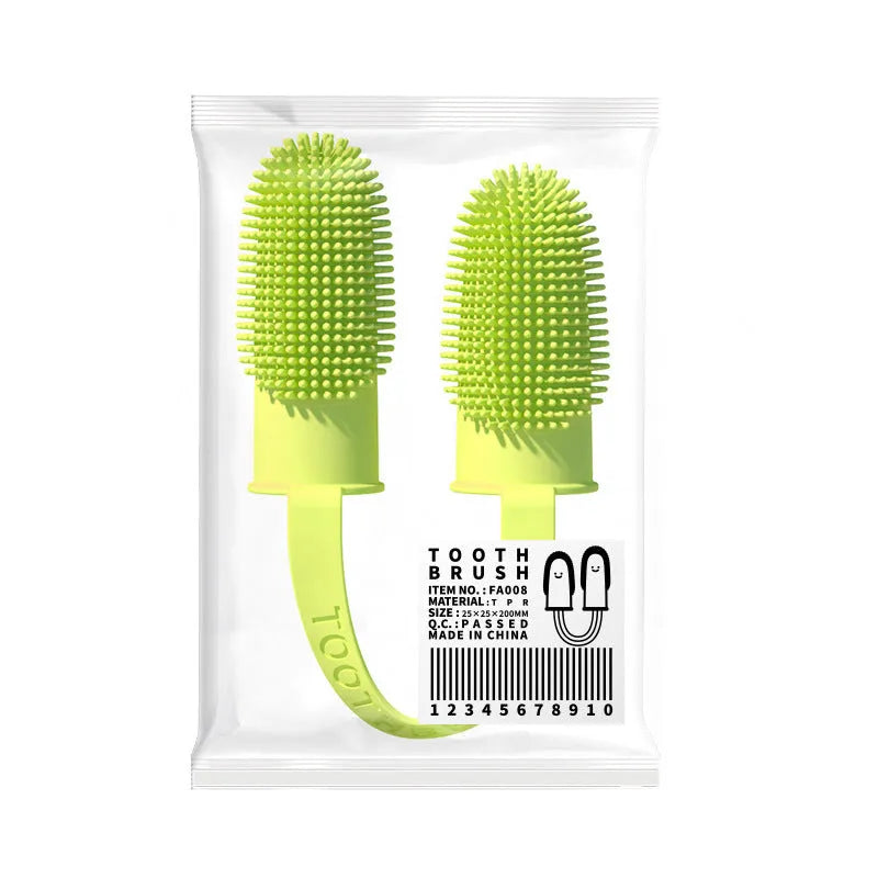 TPR double finger pet toothbrush in pink, blue green, and yellow for dog and cat dental care.