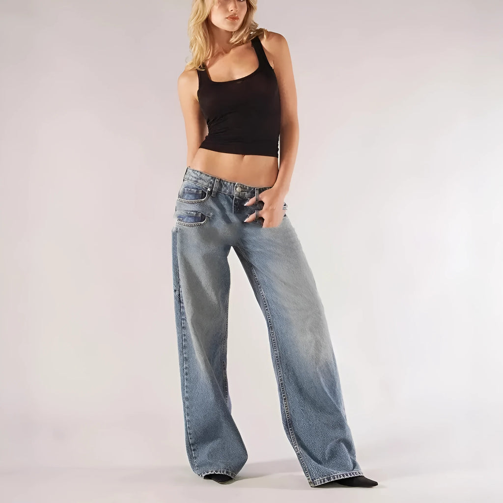 Women's loose straight wide leg cotton trousers in blue colour showing low-waist design and splicing detail
