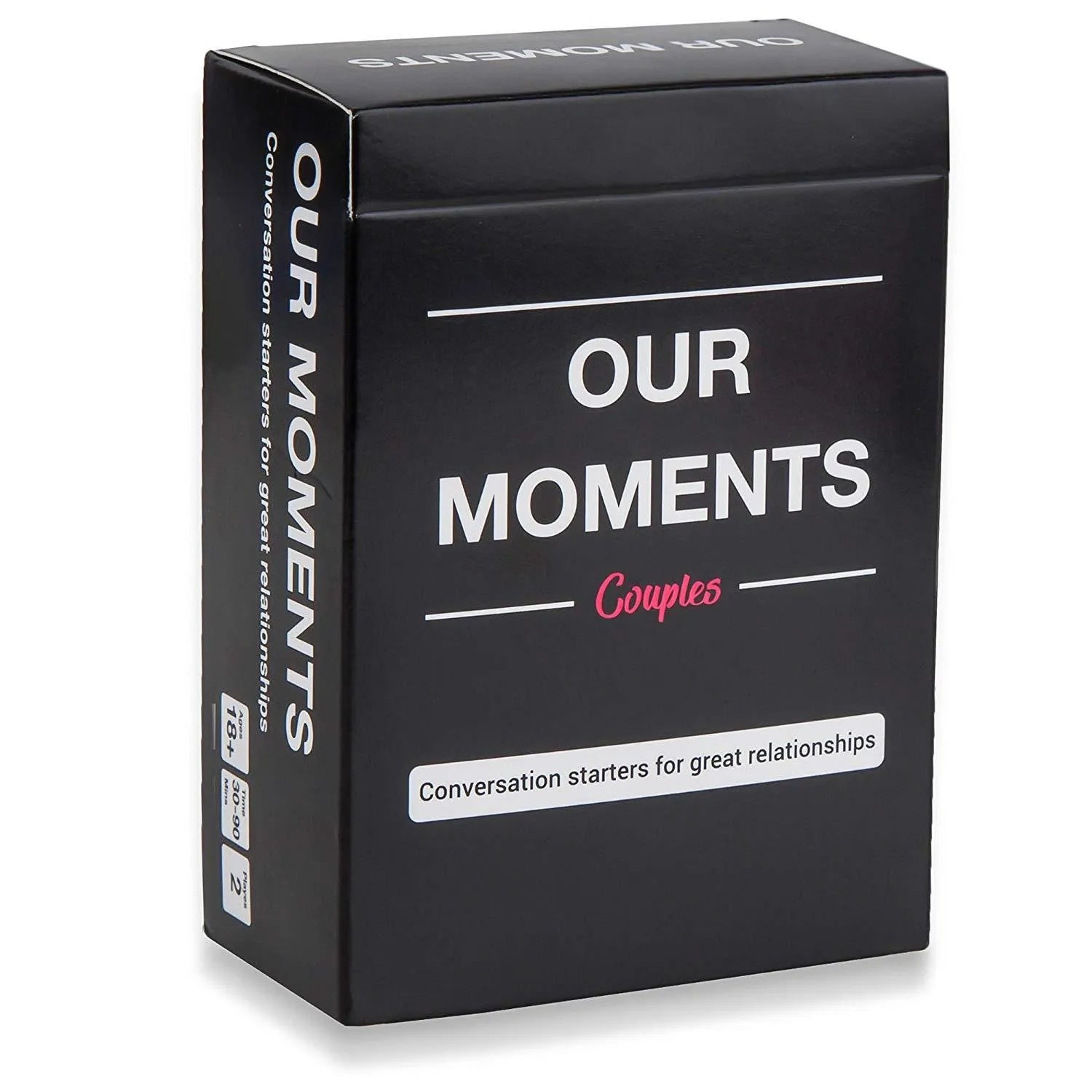 Black box of Our Time Lovers Edition coated paper communication cards for couples, showing 9x6.5x3.5 cm dimensions.