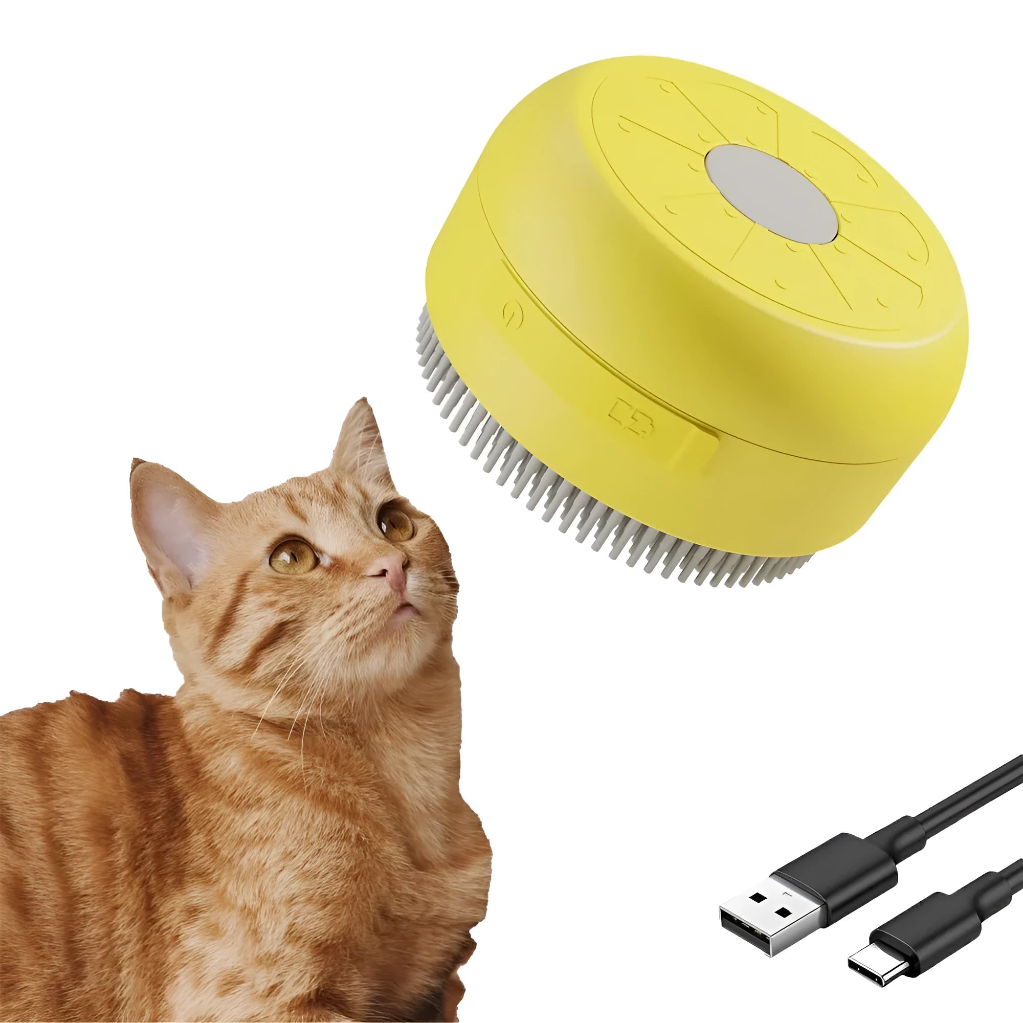 Green rechargeable cat and dog steam brush with soft silicone bristles on a white background.