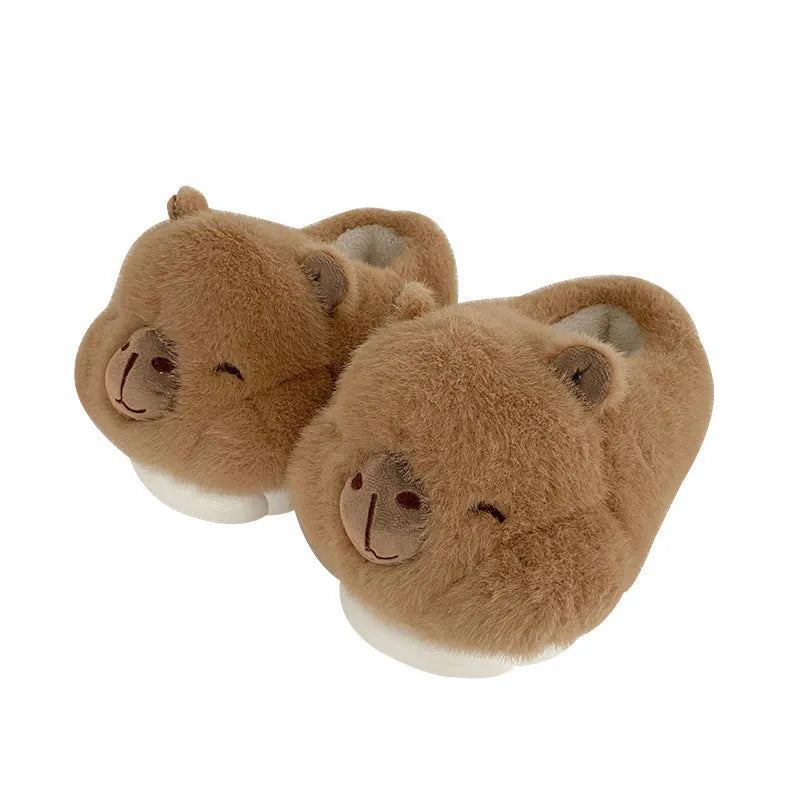 Light brown women's winter slippers with cartoon pattern, plush cotton upper and round toe design