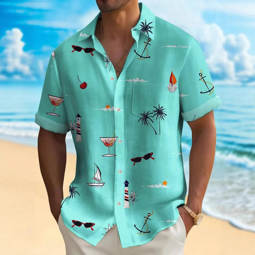 Man wearing a loose fit, short sleeve Hawaiian shirt with a colourful digital print pattern.