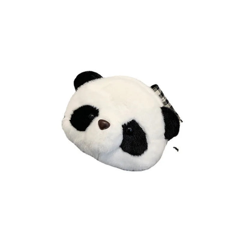 Soft plush panda head crossbody shoulder bag with cylindrical shape and sandwich pockets