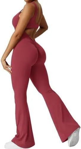 Women's sleeveless flare jumpsuit for yoga and fitness in high-elasticity polyester fabric.