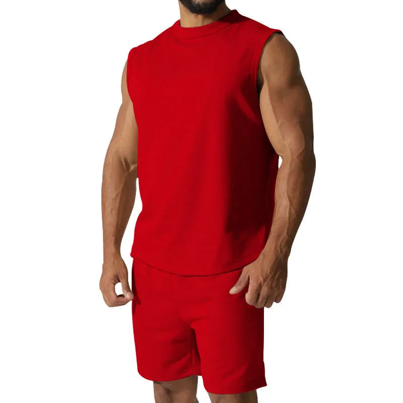 Men's solid colour sleeveless sports top and matching casual shorts set on a hanger
