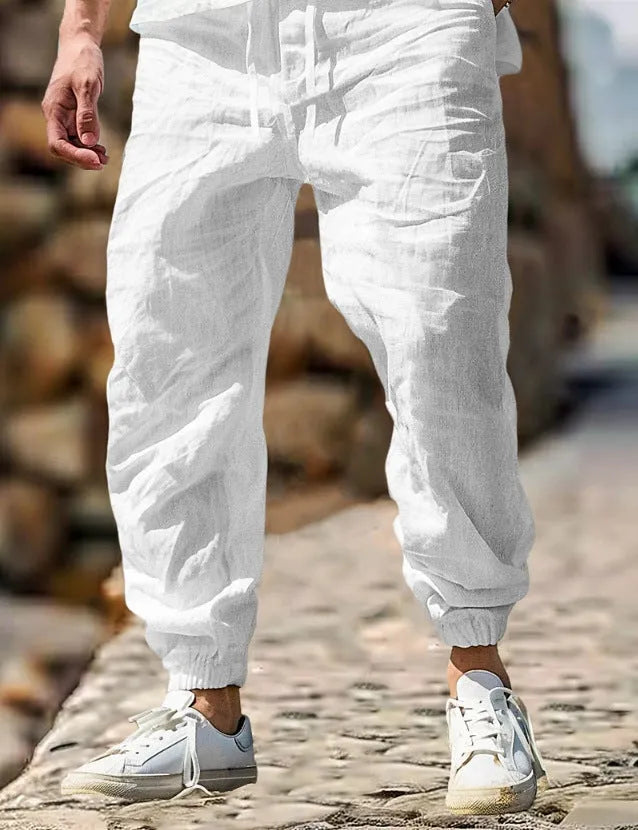Men's elastic waist summer trousers in straight cut design showing army green colour option